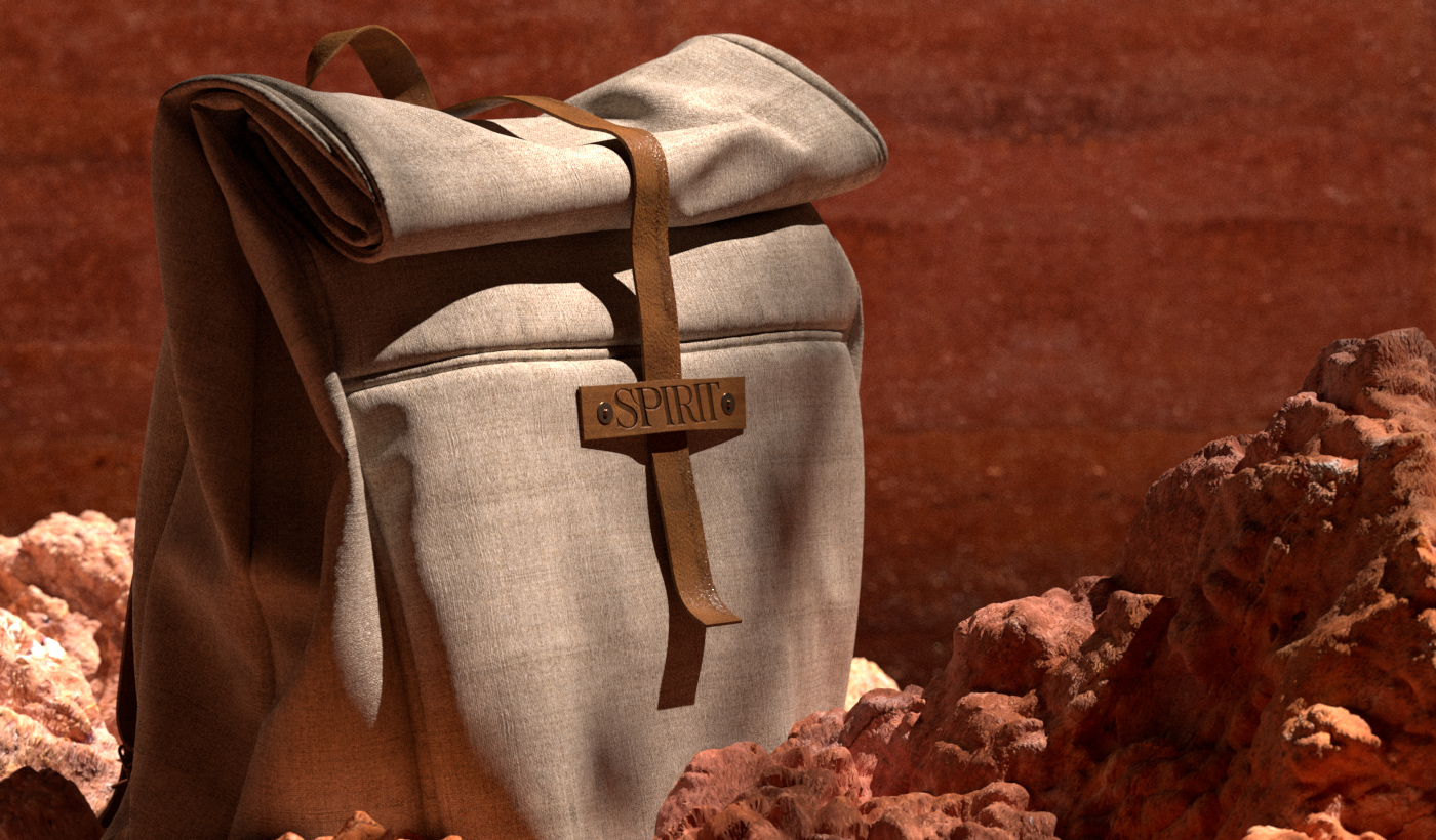 Backpack standing on red rock