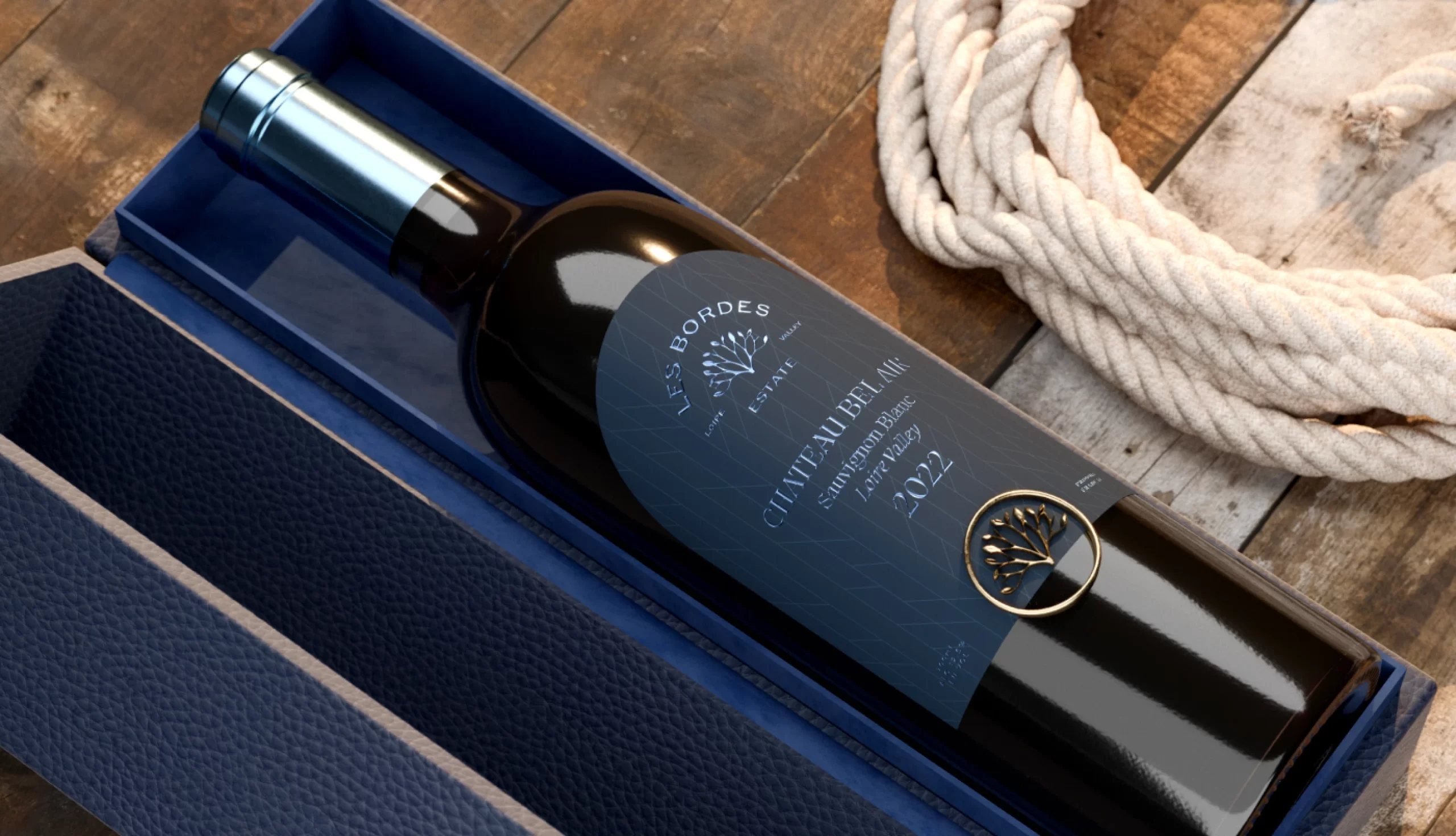 Premium branded wine label design with gold logo emblem in blue leather box for Les Bordes Estate