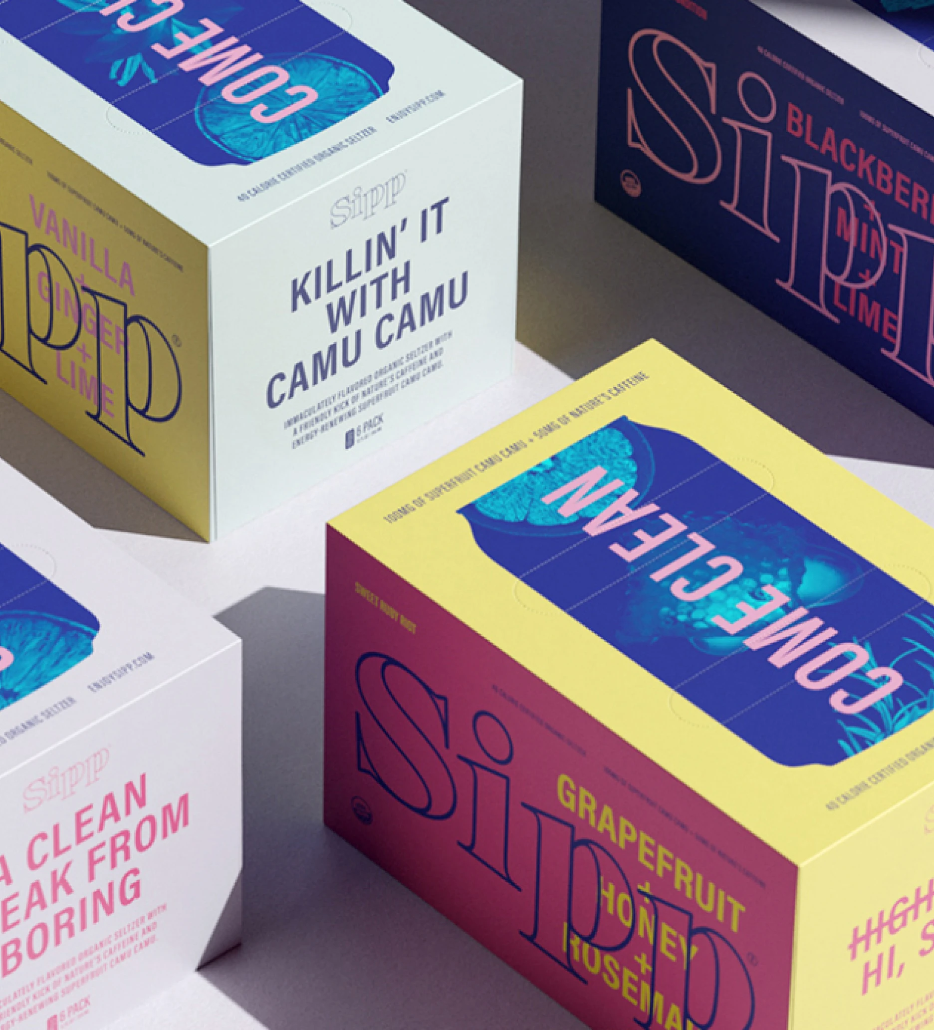 Array of Sipp packaging boxes, food and beverage packaging design by Allis Studio