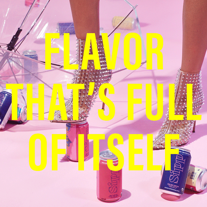 Image of studded heels on a Sipp can and yellow text over the top that says Flavor that's full of itself